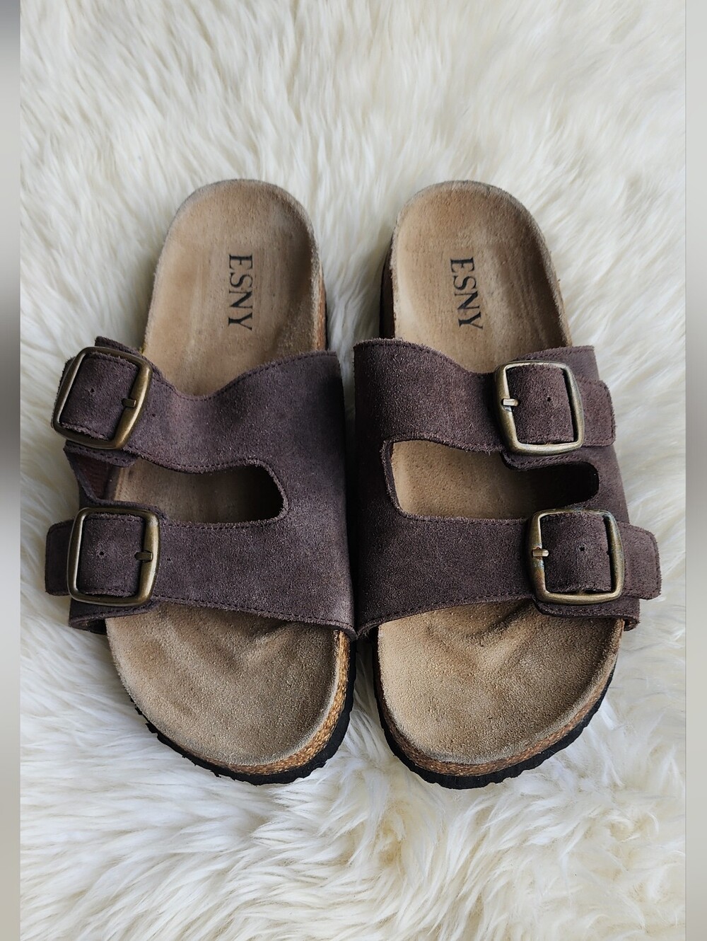 Leith Brown Suede Double-Buckle Slide Sandal